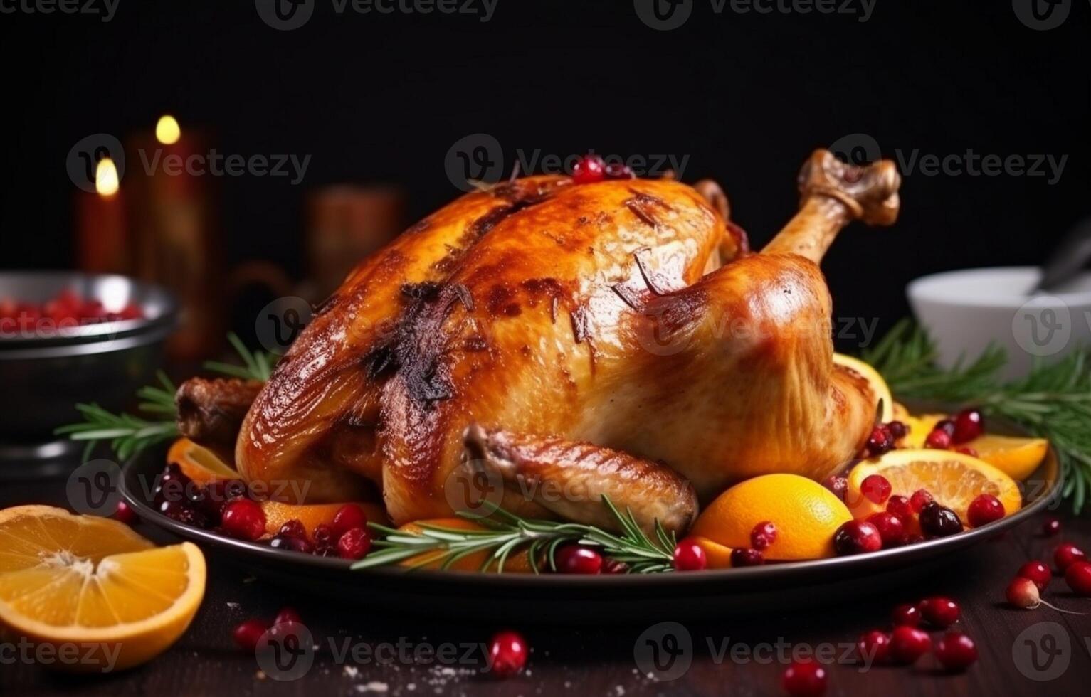 Christmas family dinner. chicken with herbs, oranges Generative AI photo