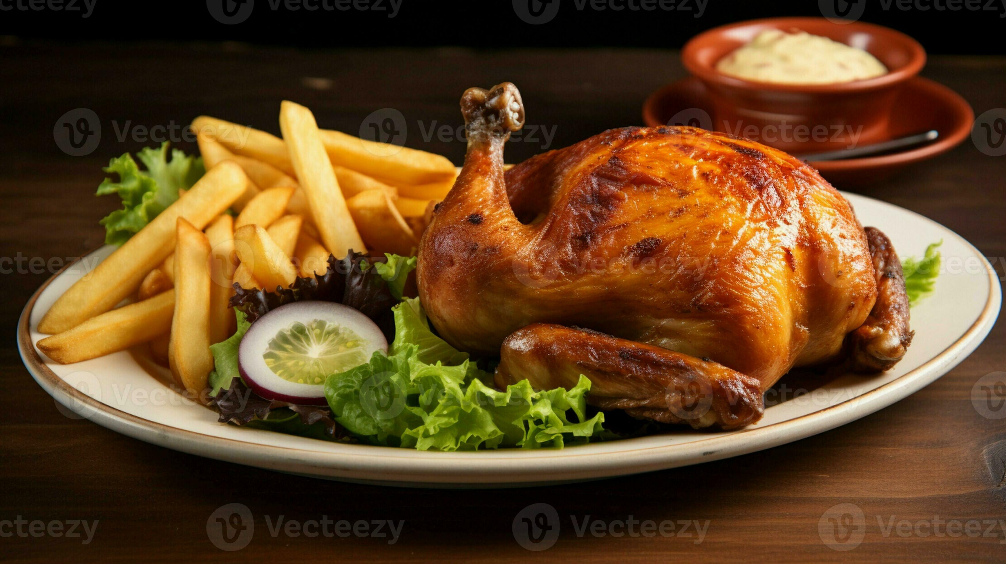 Roasted half chicken with crispy golden brown skin served with fresh