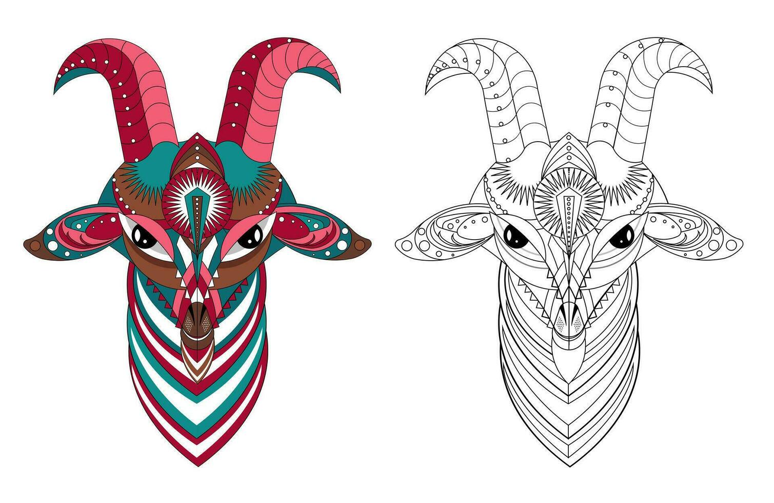 Vector image of a goat's head from geometric shapes and an outline image for coloring. Cartoon. EPS 10