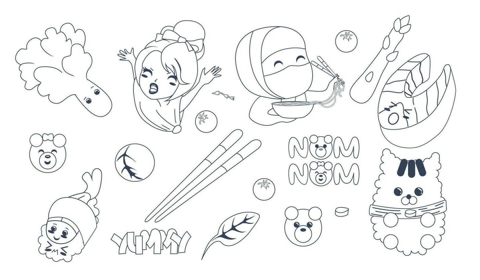 Vector image of a set of national Japanese dishes and products in contours. EPS 10