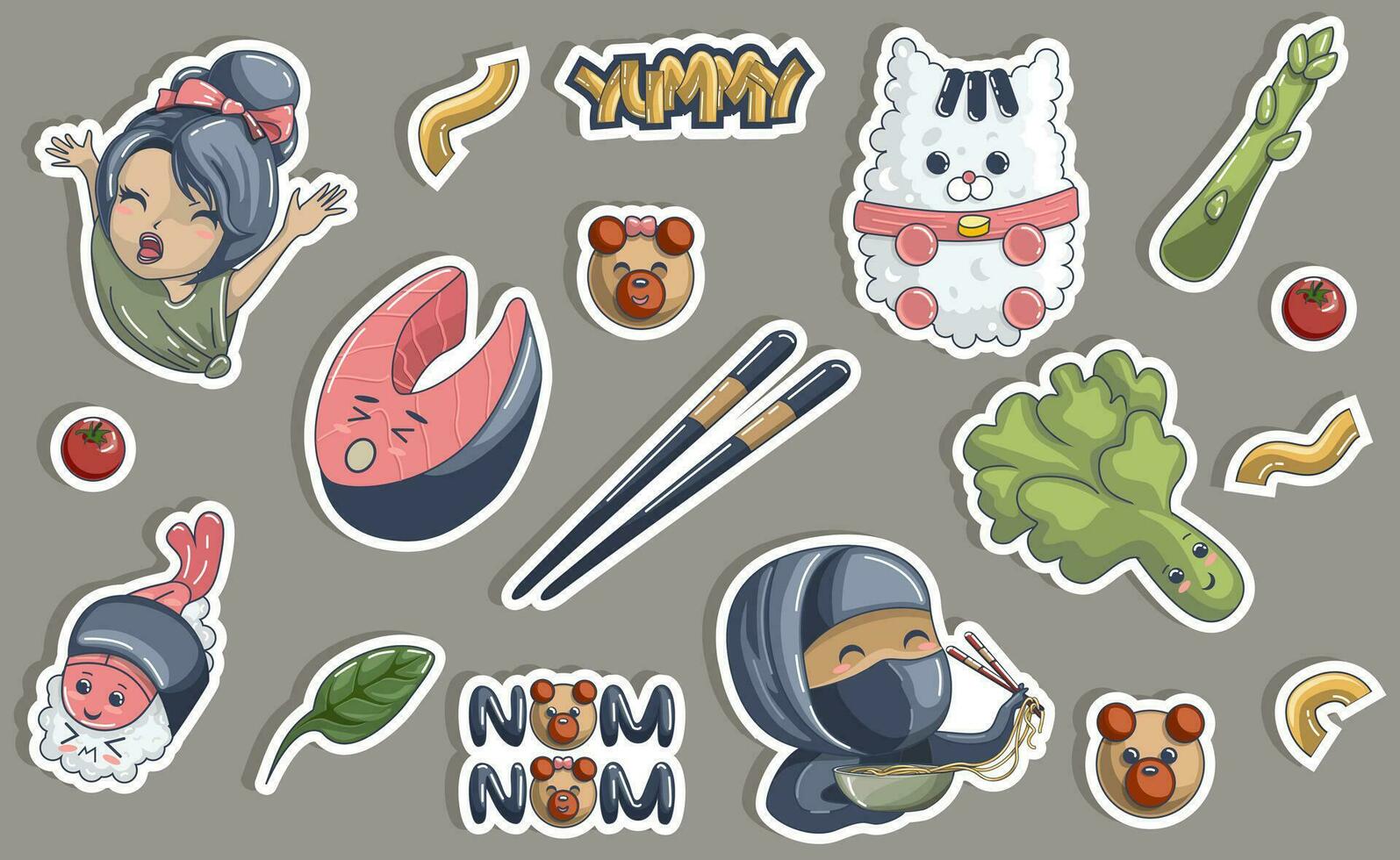 Vector image of a set of stickers from national Japanese dishes and products in contours. EPS 10