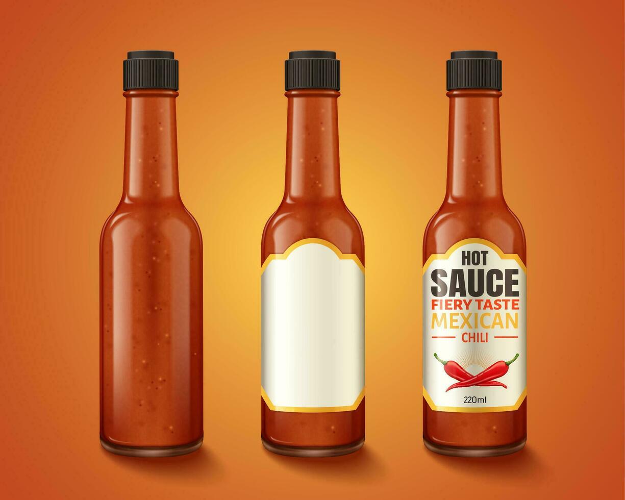 Hot sauce product container and label design in 3d illustration vector