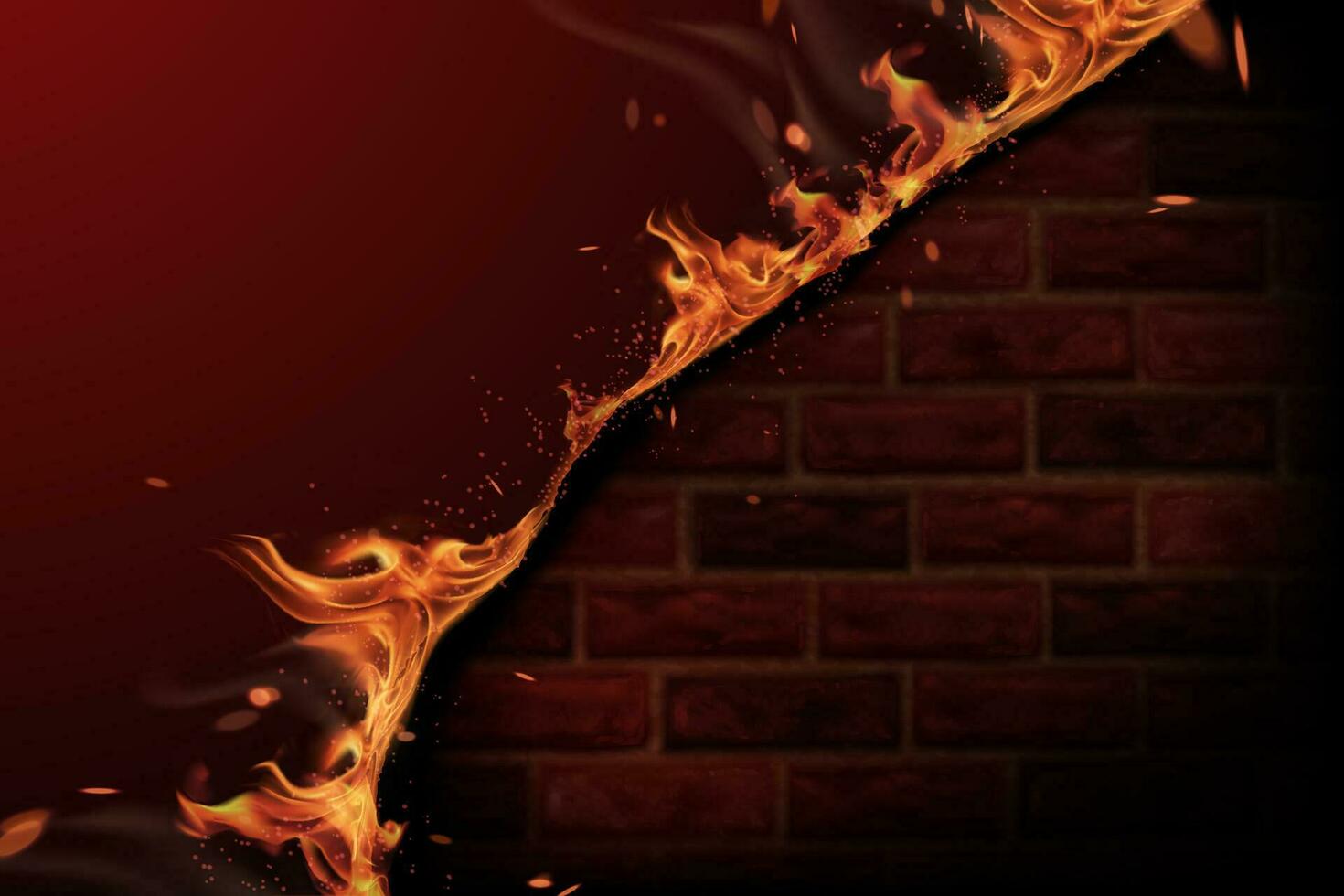 Burning fire and red brick wall background in 3d illustration vector