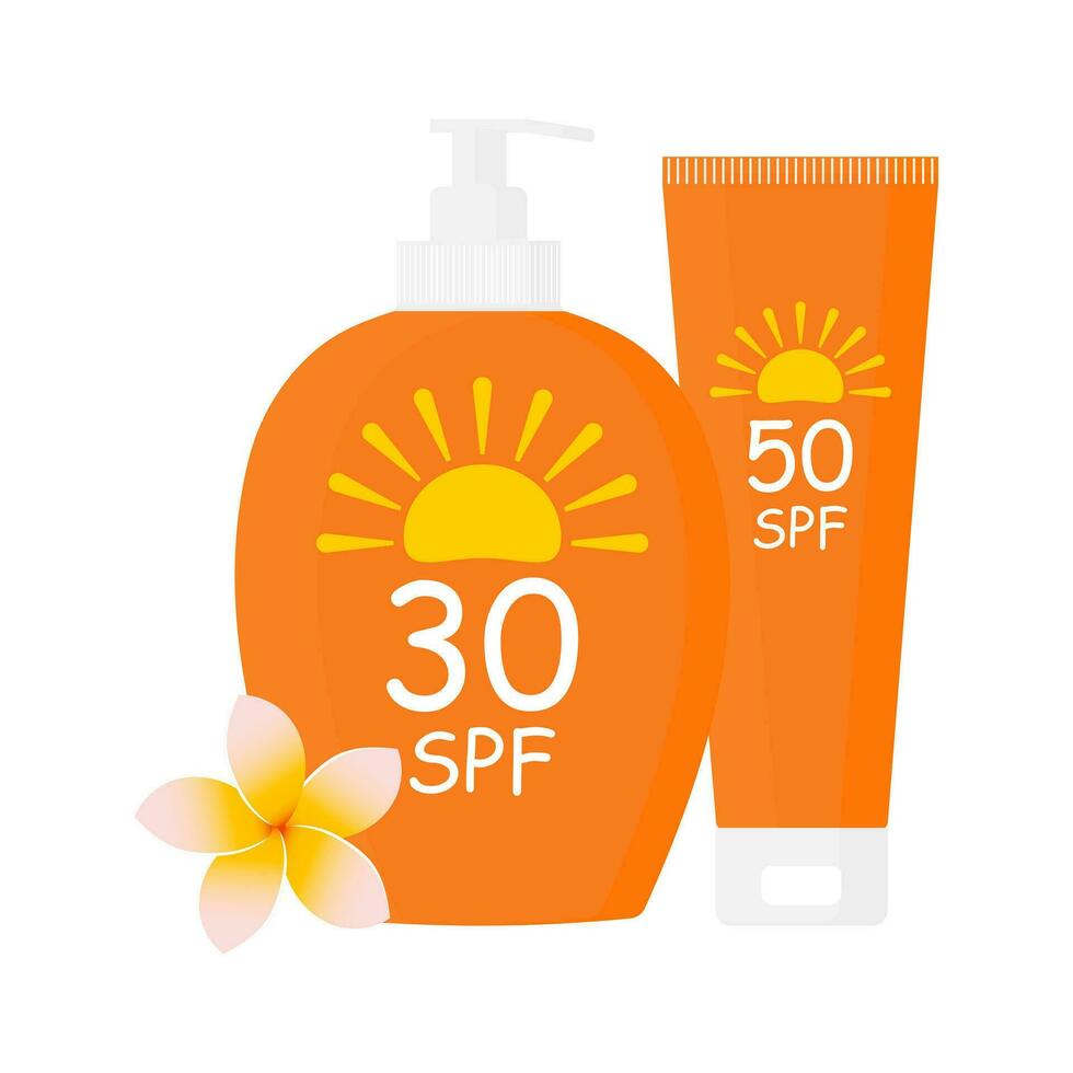 Tubes and bottles of sunscreens with different SPF on a white background with UV protection. Vector. vector