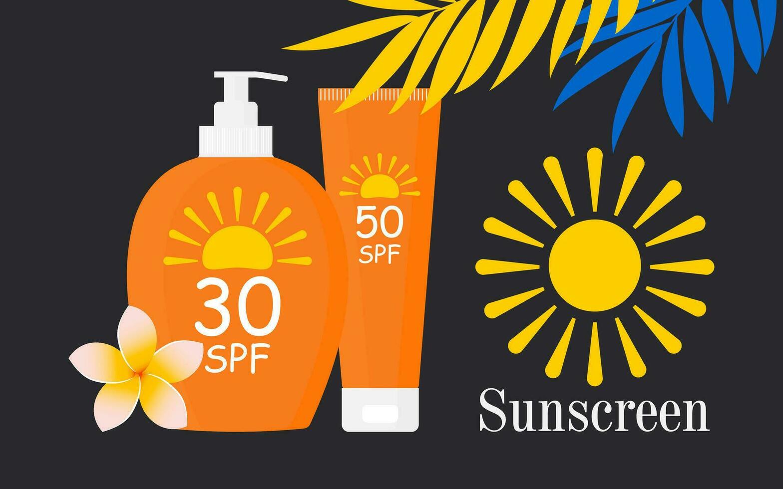 Tubes, bottles of sunscreens with different SPF with UV protection on a black horizontal background. Vector. vector