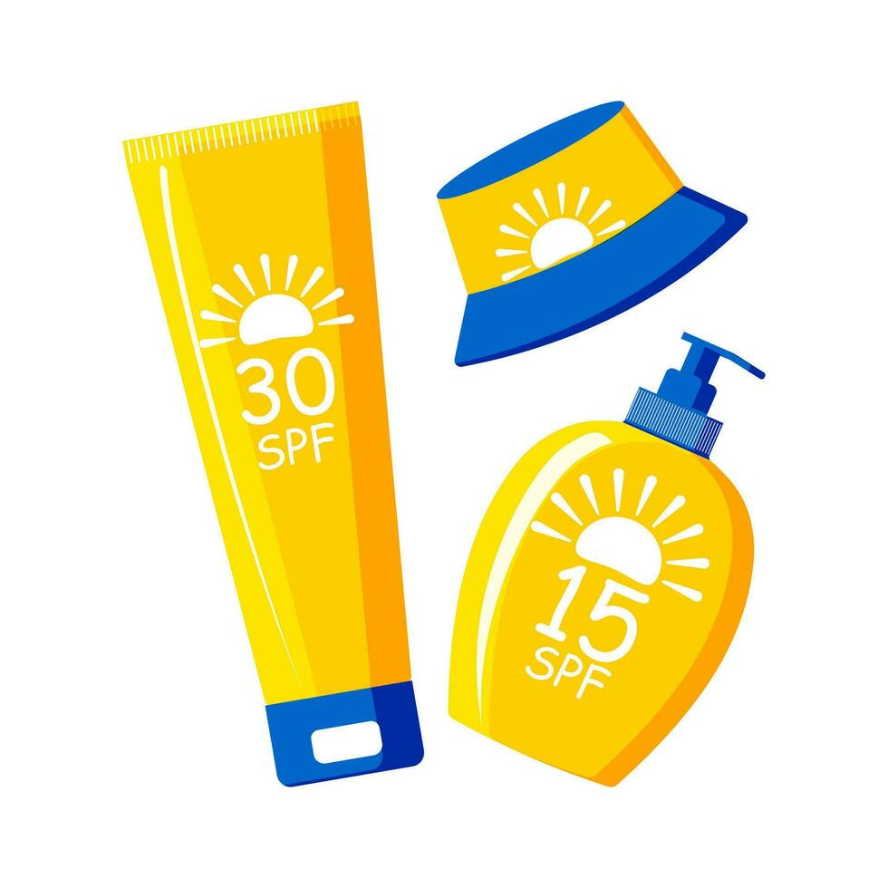 Tubes, bottles of sunscreens with different SPF with UV protection and a panama hat on a white background. Vector. vector