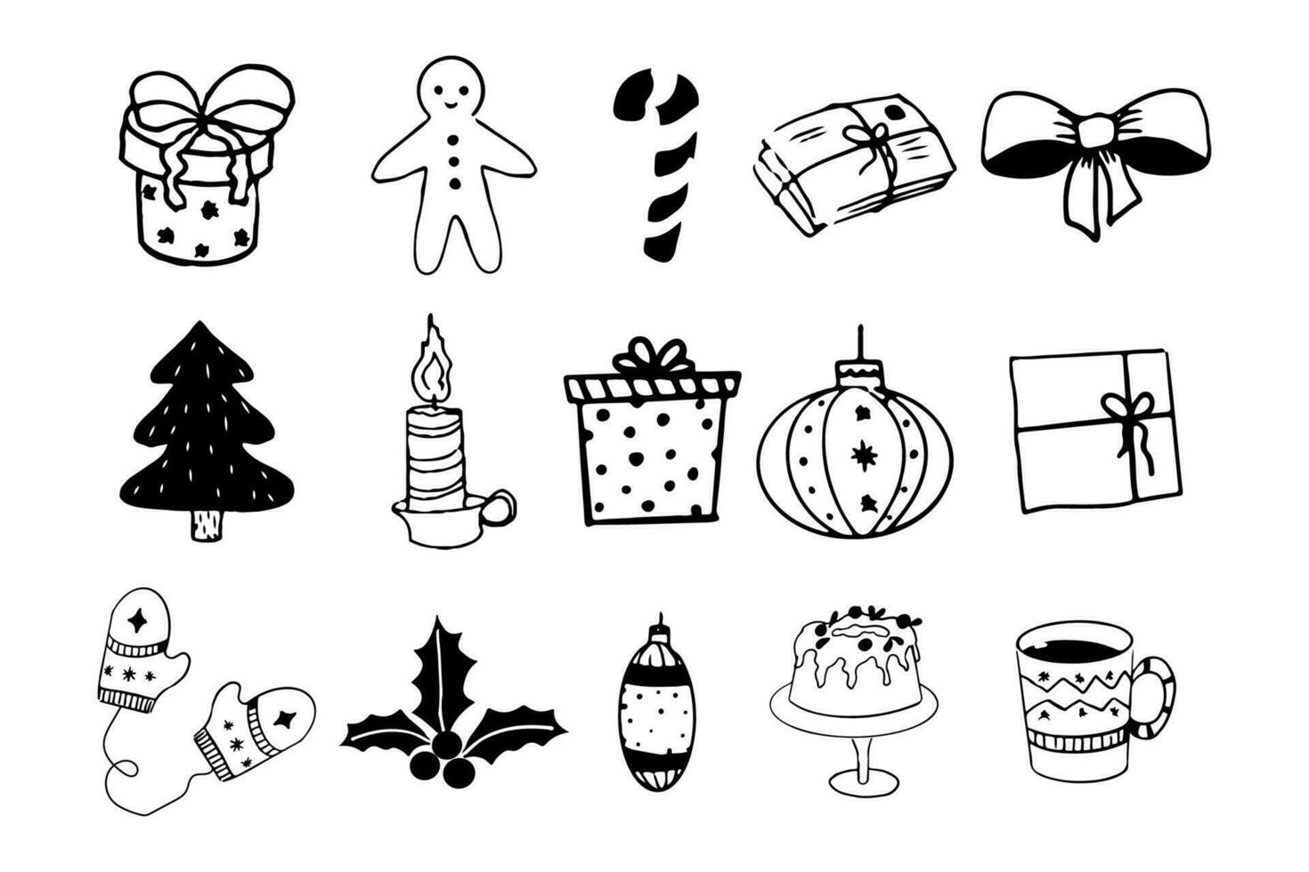 Christmas set elements icons gingerbread man, presents, winter decorations, bauble and candle in doodle style isolated on white background. Vector illustration