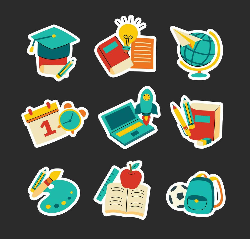 Back to school sticker set doodle style. Education hand drawn objects and symbols. vector