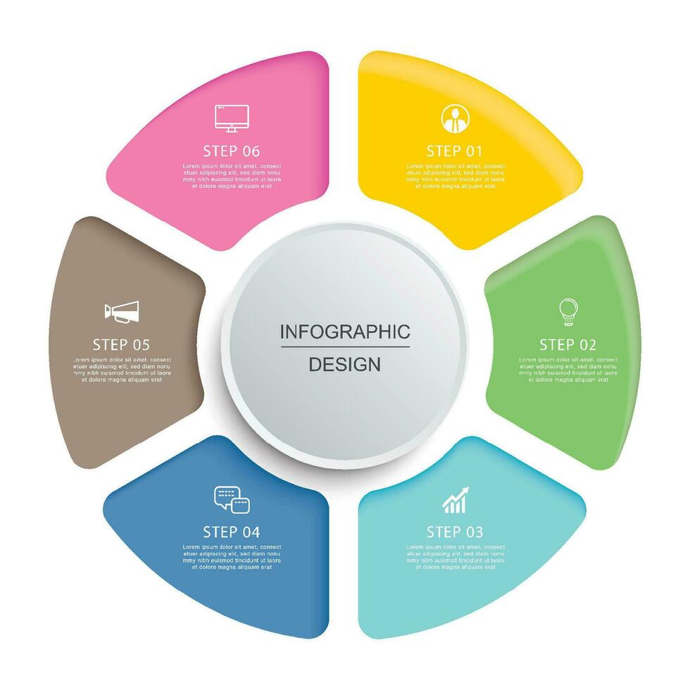 Infographics circle timeline with 6 number data template. Vector illustration abstract background.