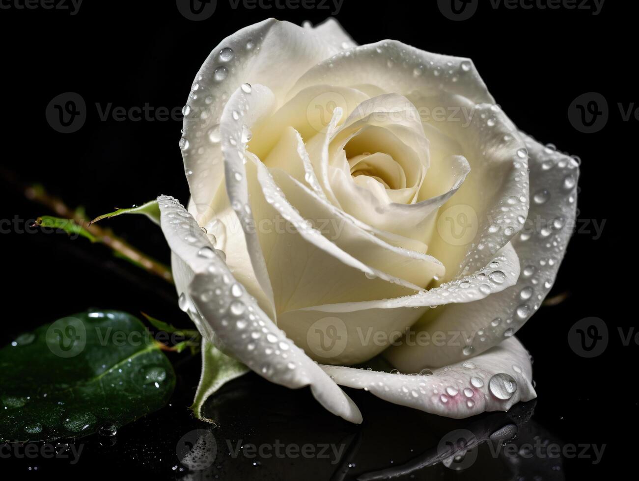 White Rose with Dew Drops on Black Background - Close-up Photography with Intricate Petal Details and Green Leaves - photo
