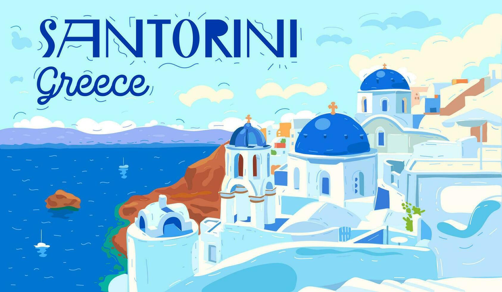 santorini isla, Grecia. hermosa tradicional blanco arquitectura y griego ortodoxo iglesias con azul domos terminado el caldera, Egeo mar. escénico viaje antecedentes. plano vector ilustración