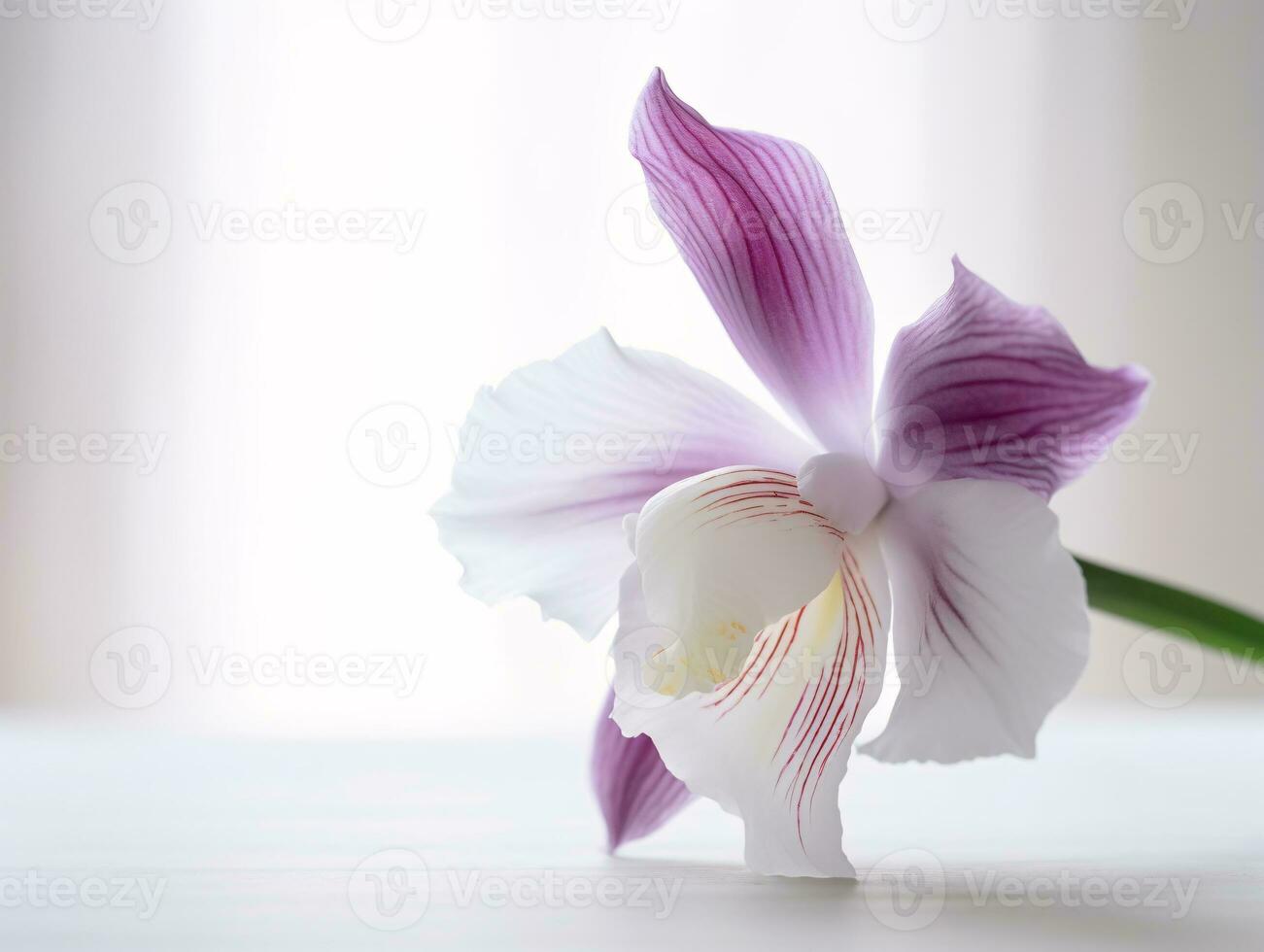 soñador deleite - un suavemente borroso todavía vida de un soltero orquídea - ai generado foto
