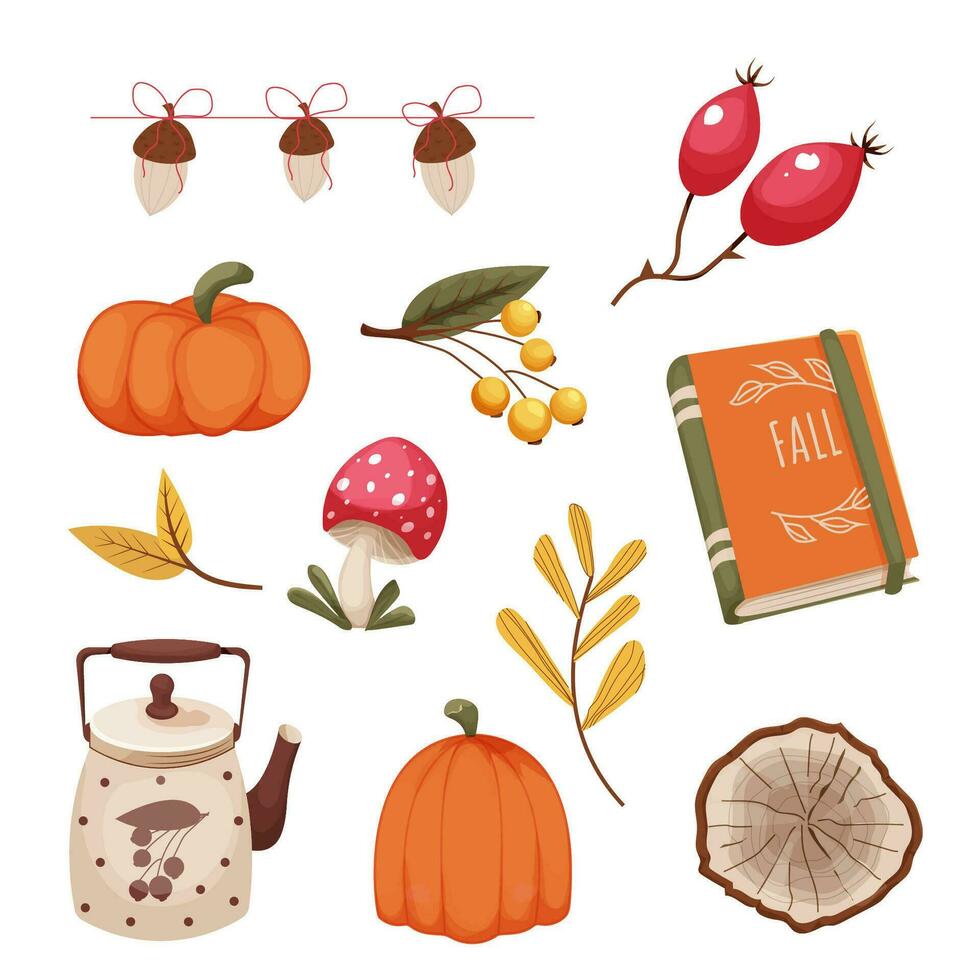 Set autumn cozy elements, stickers with foliage, forest decorations, acorn, mushroom, right rose hip berries, book and pumpkin in cartoon style isolated on white background. . Vector illustration
