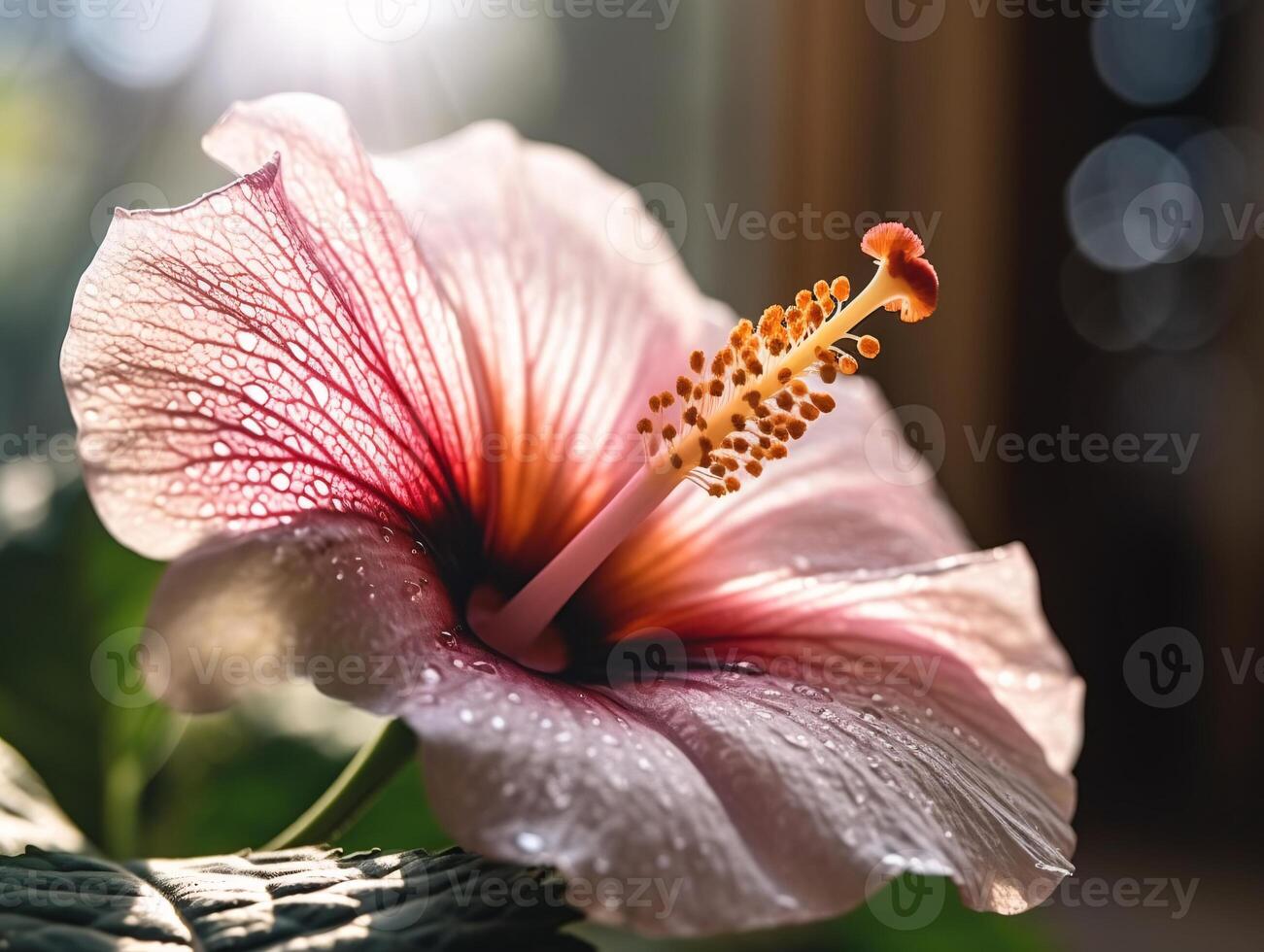 Pink and White Hibiscus Flower with Detailed Textures and Bright Colors in Natural Sunlight with Blurred Background. - photo