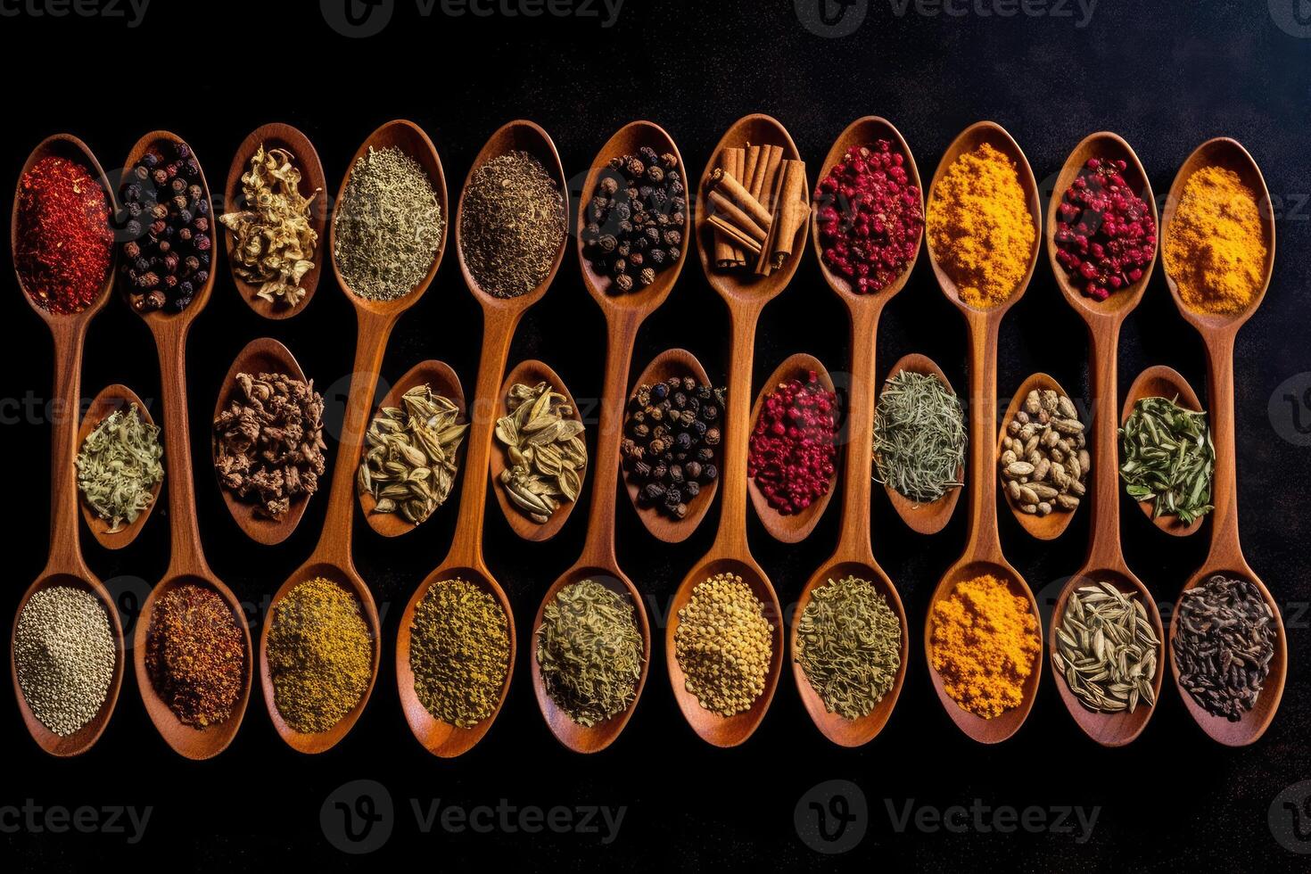 The Art of Seasoning - A Stunning Still Life of Colorful Spices and Herbs on a Black Background - AI generated photo