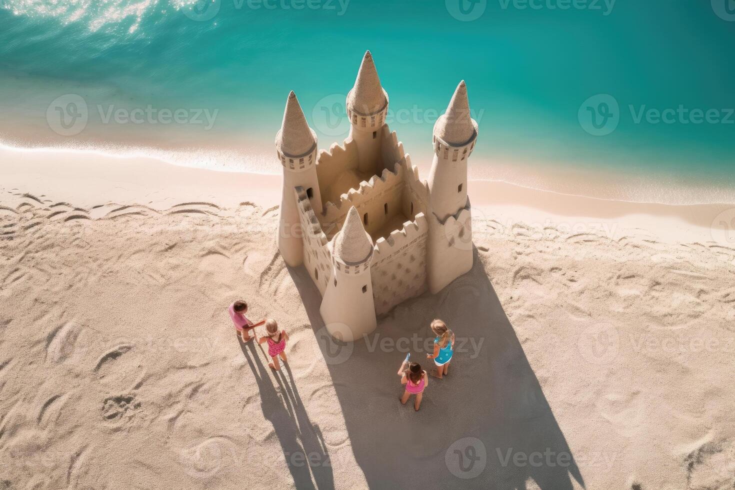 Aerial View of a Family of Four Enjoying a Sunny Day at the Beach Building Sandcastles - photo