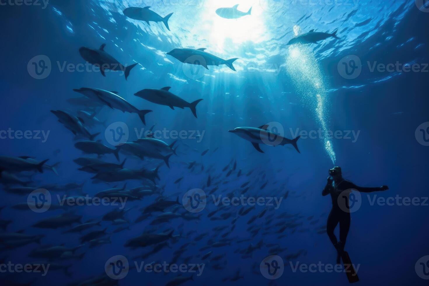Playful Pod of Dolphins Swimming in Ocean - Underwater Shot with Joyful Wildlife Interactions and Slow Motion Lighting - photo