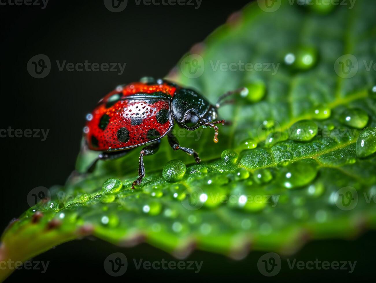 Ladybug on Green Leaf - Macro Photography with Natural Light and Intricate Details of Red and Black Spotted Shell and Delicate Leaf Texture. - photo