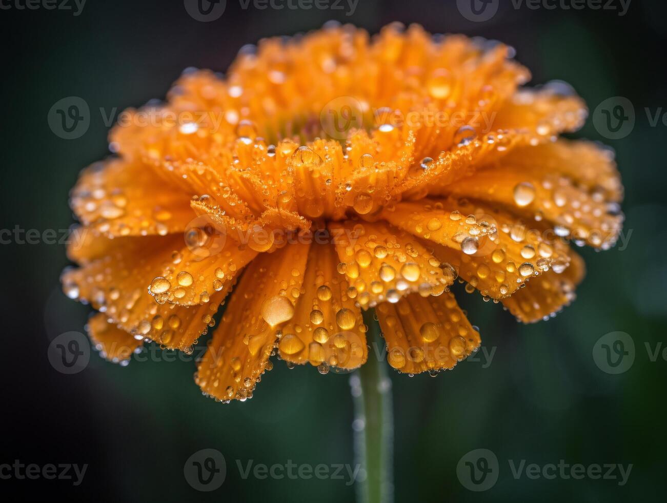 Vibrant Orange Marigold Flower with Dew Drops in Close-up Macro Photography with Beautiful Bokeh Background - photo