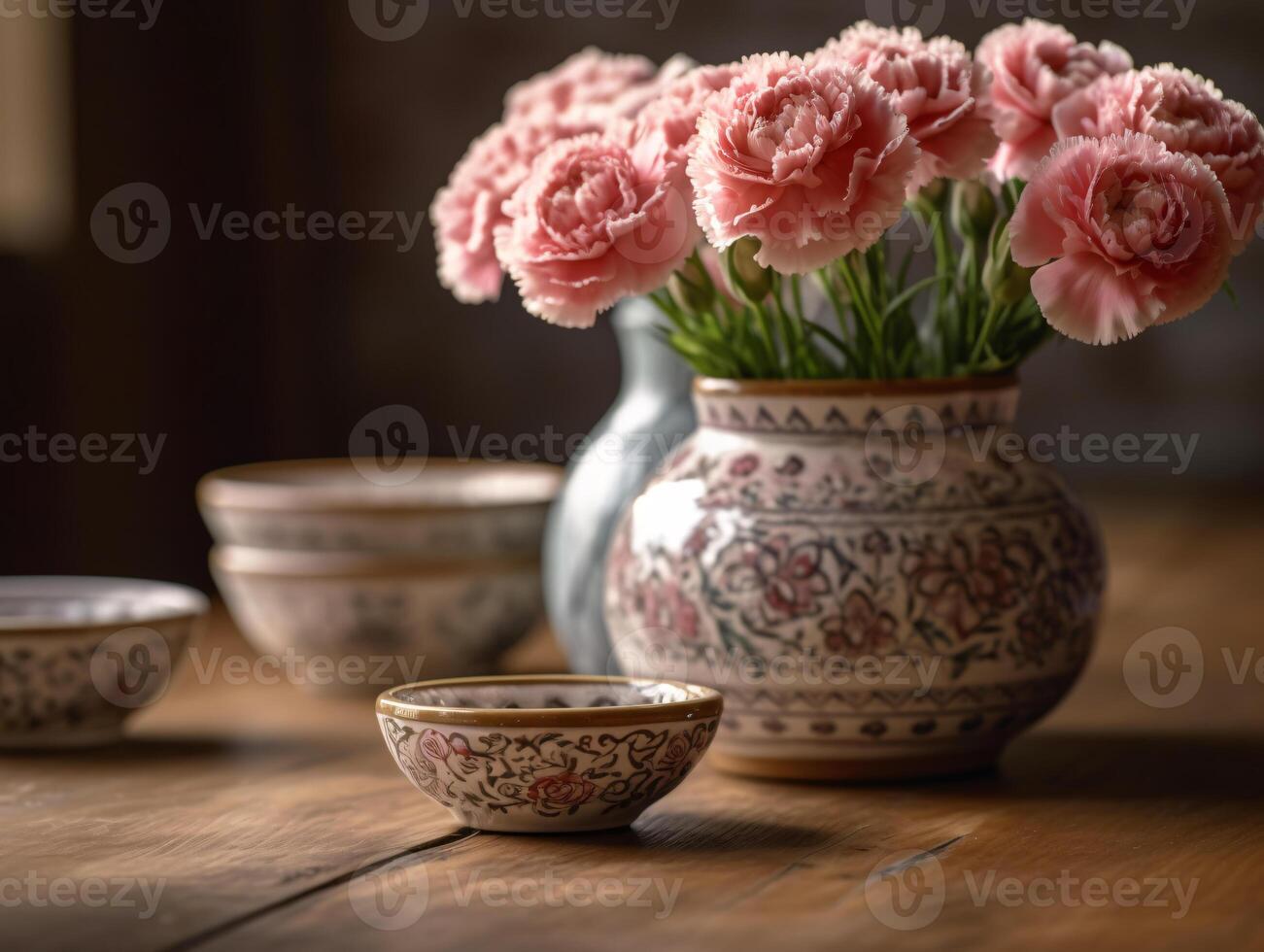 Pink and White Carnations in Vase on Wooden Table with Soft Blurred Background - photo
