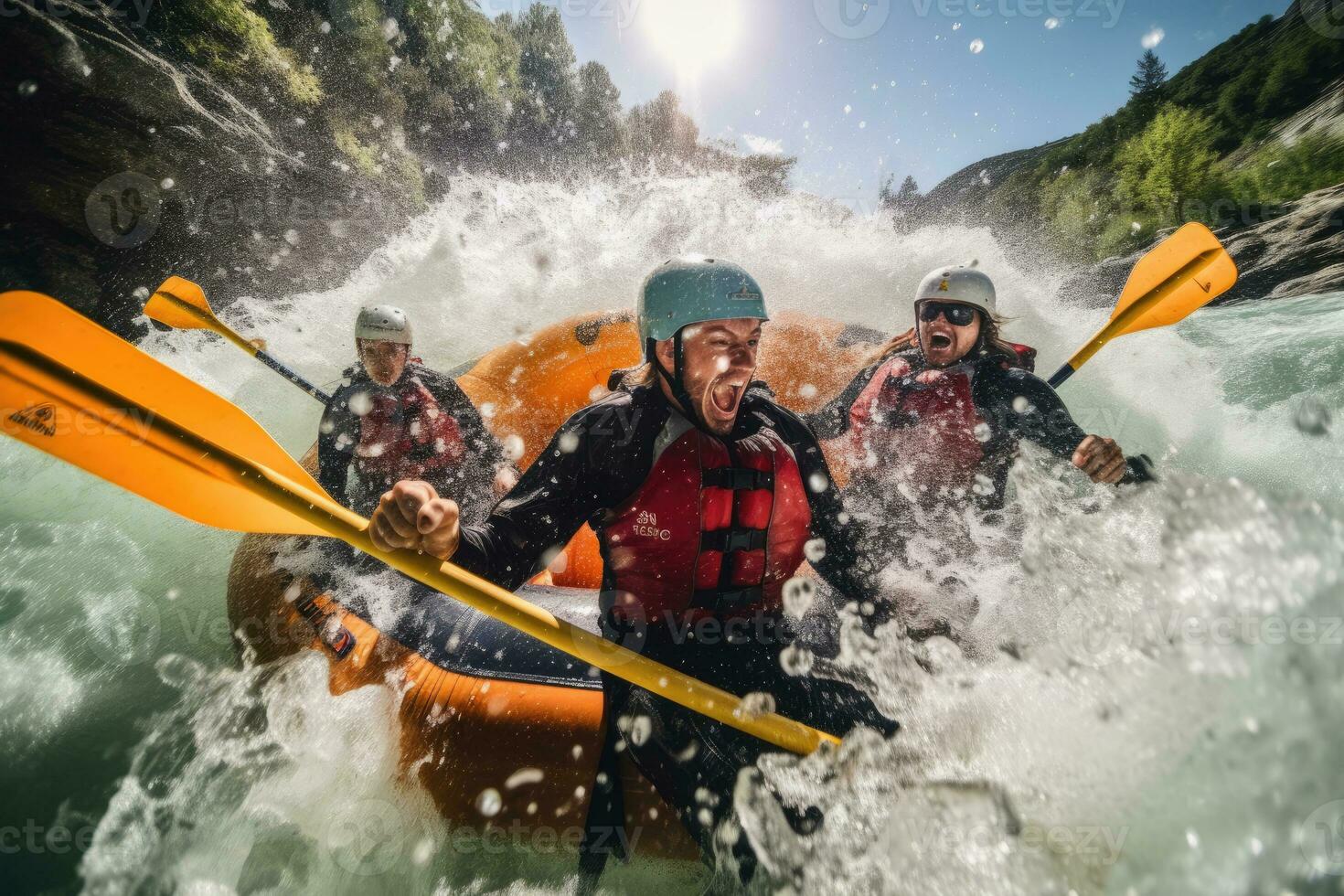 Rafting guide shouting instructions to adventurers navigating rough waters with waterproof camera capturing intense energy and adrenaline. - AI generated photo