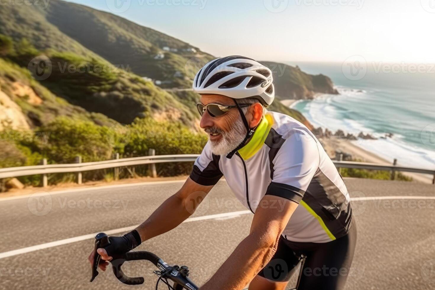 activo mayor hombre ciclismo a lo largo costero la carretera con Oceano ver - estilo de vida acción Disparo de libertad y aventuras para activo personas mayores - ai generado foto