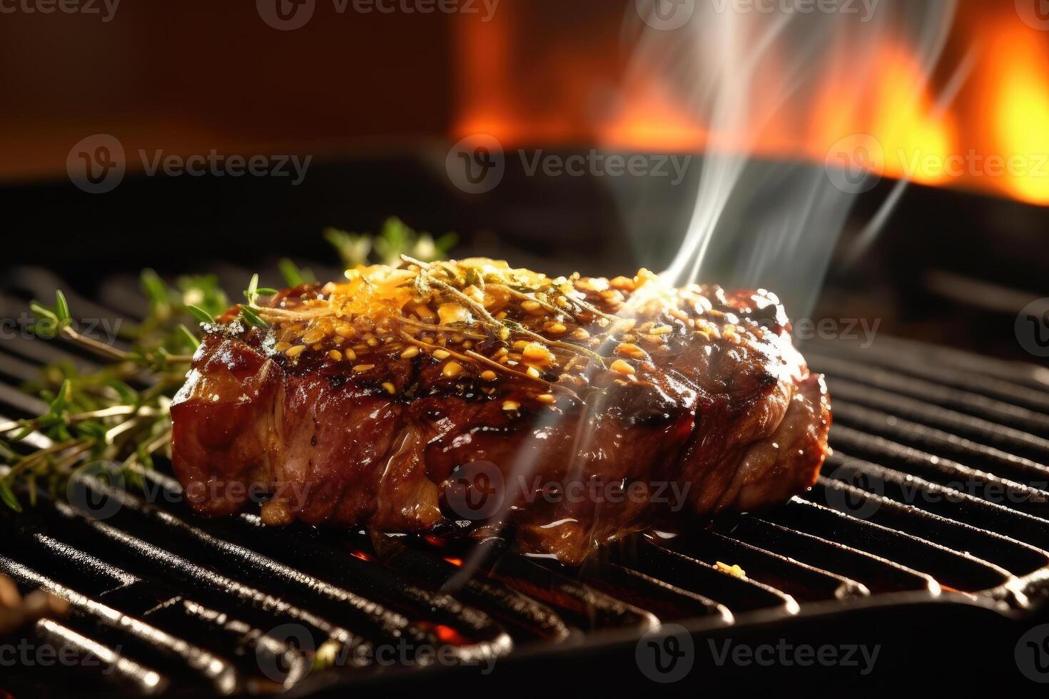 Mouthwatering Delight - A Close-Up of a Sizzling Beef Steak on a Hot Stove - AI generated photo