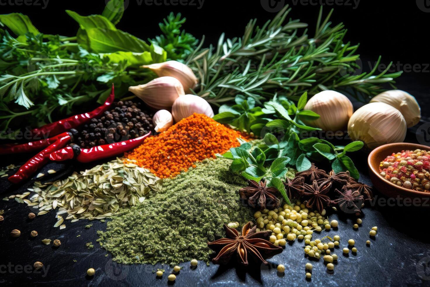 Savor the Moment - A Close-Up of Fresh Herbs and Spices in High Contrast - photo