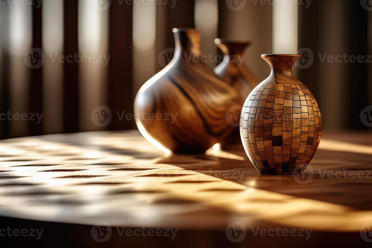 Serene Wood Grain Close-Up - Intricate Patterns on a Wooden Table Illuminated by Soft Natural Light - Still Life Photography - AI generated photo