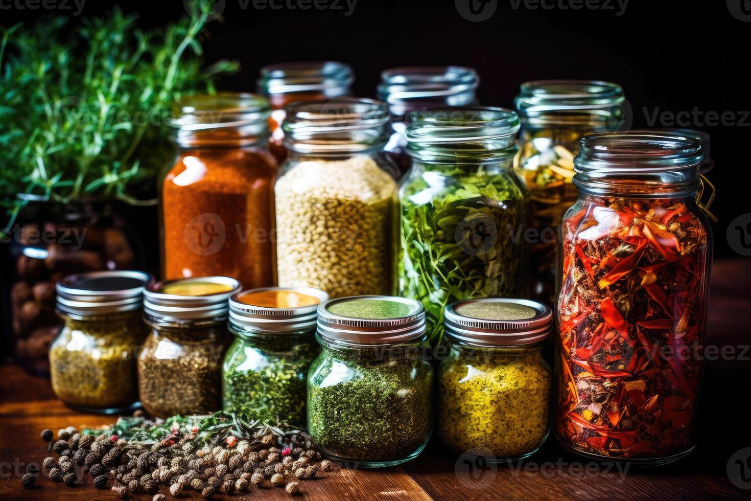 Close-up of Appetizing Herbs and Spices in Glass Jars on Dark Surface - Macro Shot for Cooking and Ingredients - photo