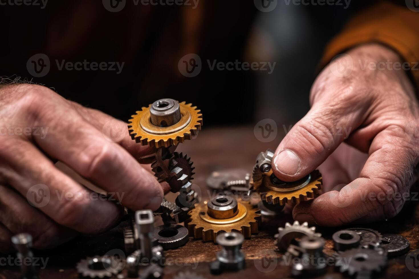 industrial trabajo en equipo - conectando engranajes en taller con determinación - ai generado foto