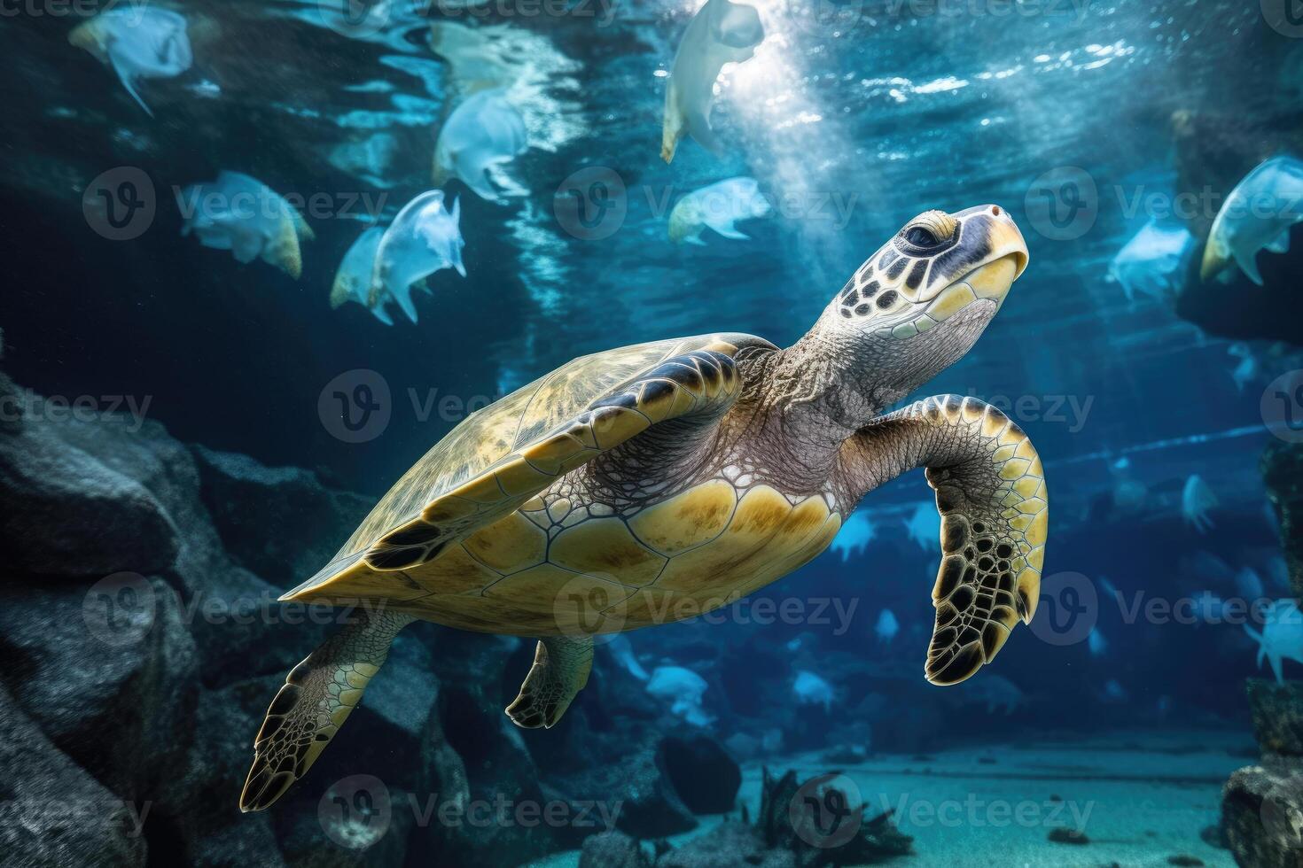 un llorar para ayuda - testigo el situación de un mar Tortuga en un mundo de el plastico residuos - ai generado foto