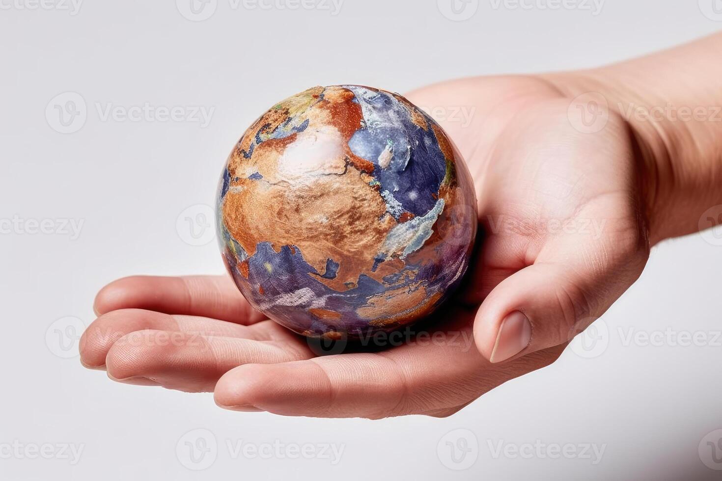 Miniature Earth in Hand - Close-up of Intricate Planet Surface on White Background - AI generated photo