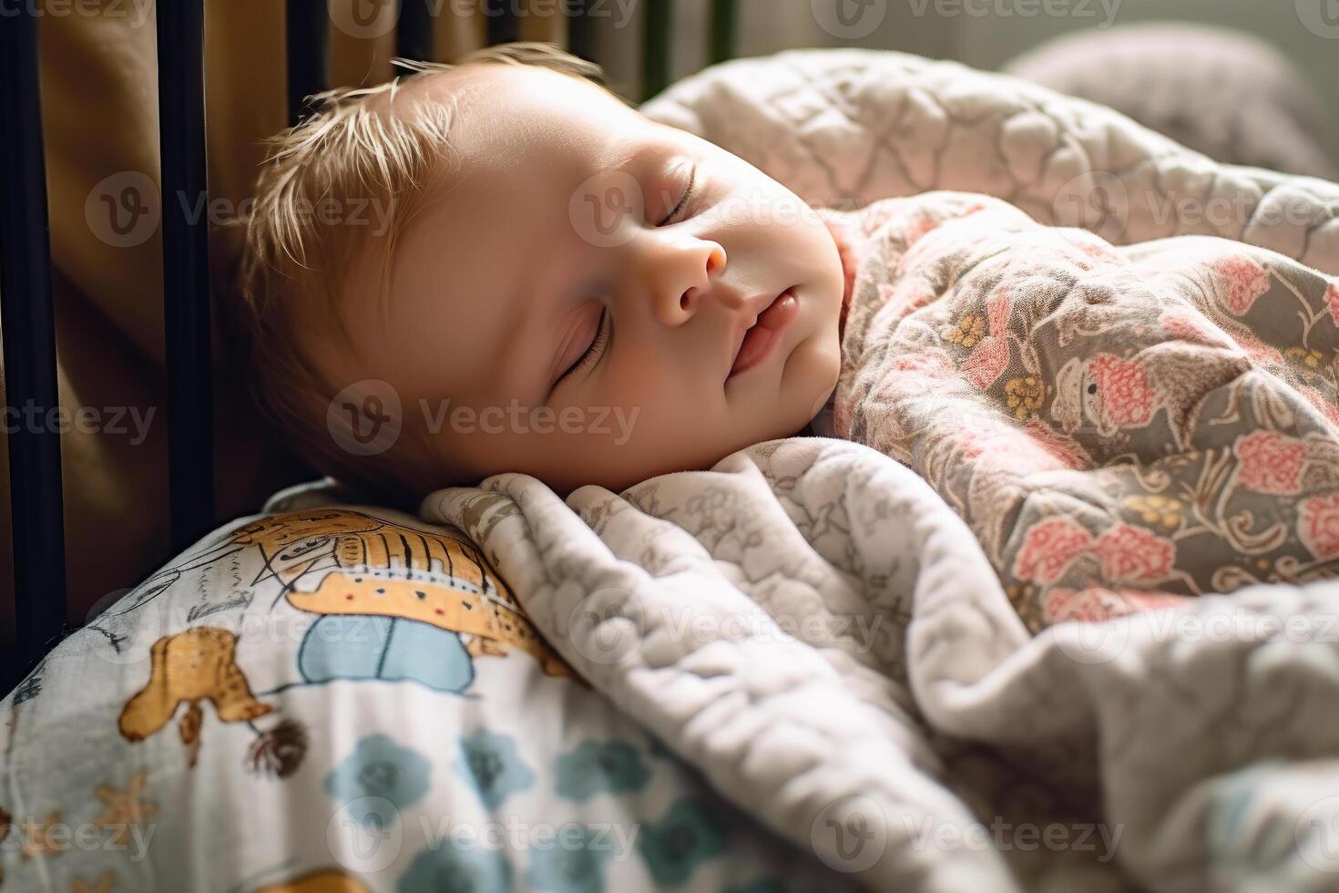 pacífico bebé dormido en cuna con suave cobija - de cerca estilo de vida foto de inocente serenidad en guardería - ai generado