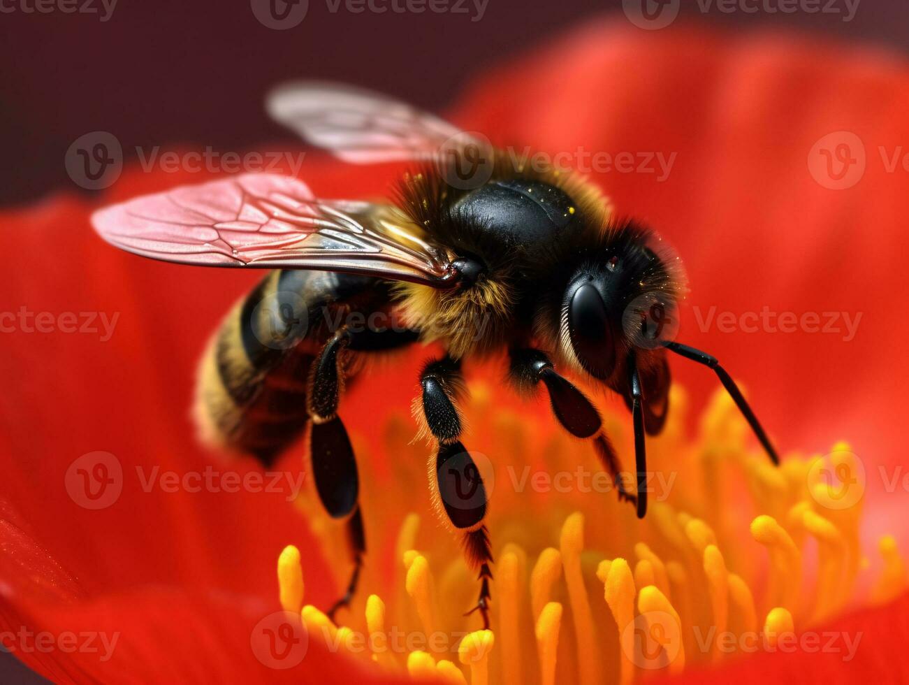 Bee collecting nectar from red poppy flower with fuzzy body and delicate wings in sharp focus against blurred background - AI generated photo