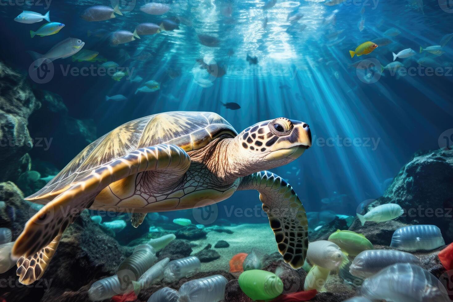 The Devastating Impact of Plastic Pollution on Our Oceans - A Sea Turtle's Story - AI generated photo