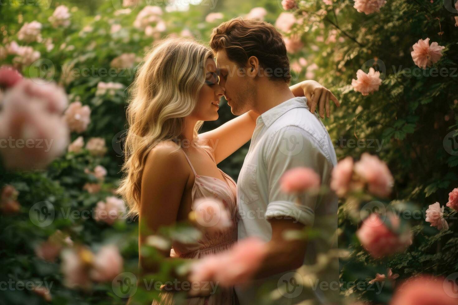 Lovers Embrace for Tender Kiss in Serene Park with Lush Greenery and Blooming Flowers, Warm and Intimate Moment - AI generated photo