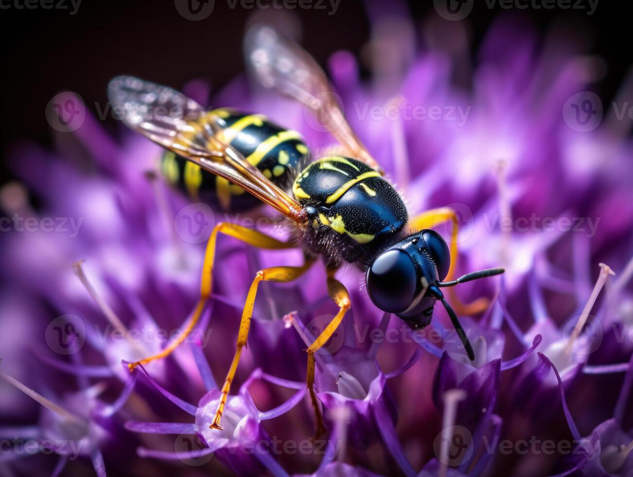 Wasp on Purple Flower - Macro Photography with Intricate Details and Delicate Petals. - photo