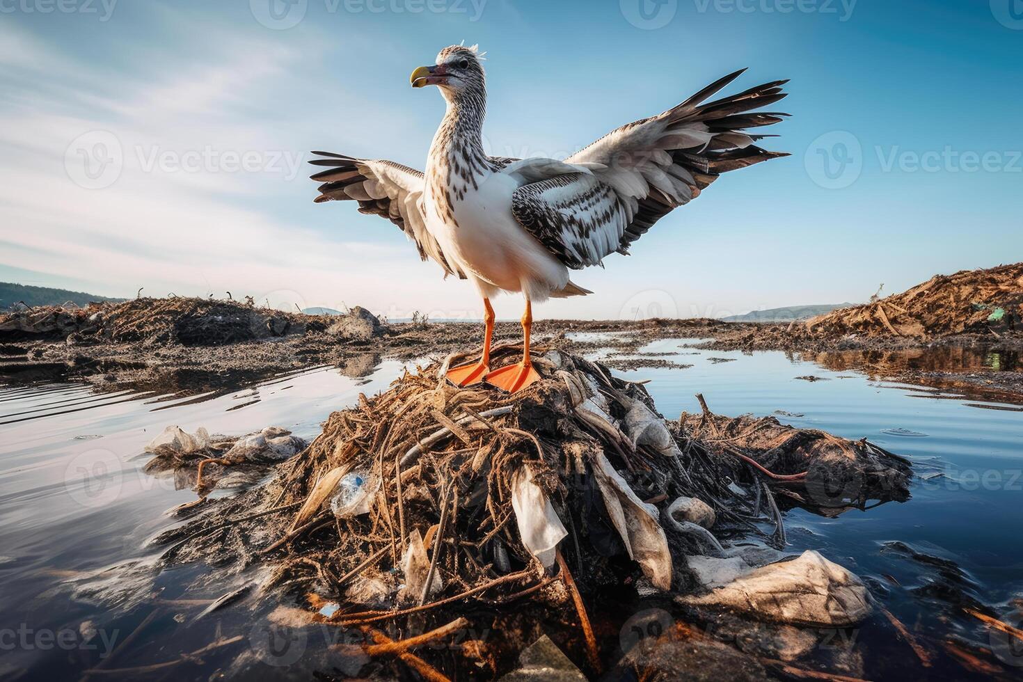 Gaviota en contaminado río basura con Oceano antecedentes - ambiental preocupación fauna silvestre escena - ai generado foto