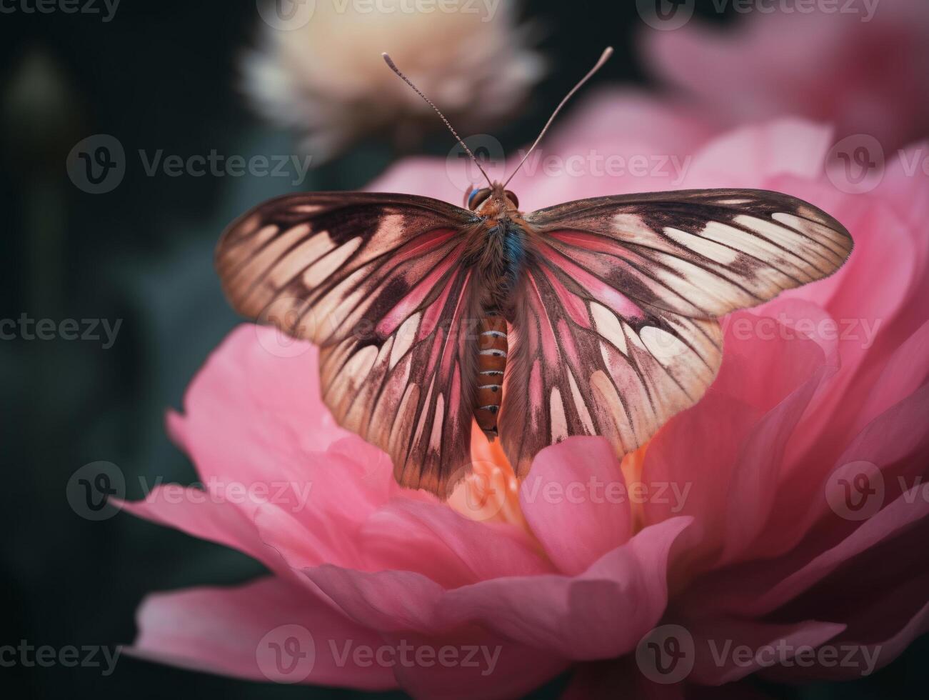 A Serene Moment - Capturing the Beauty of a Pink Flower and Moth in Natural Light - AI generated photo