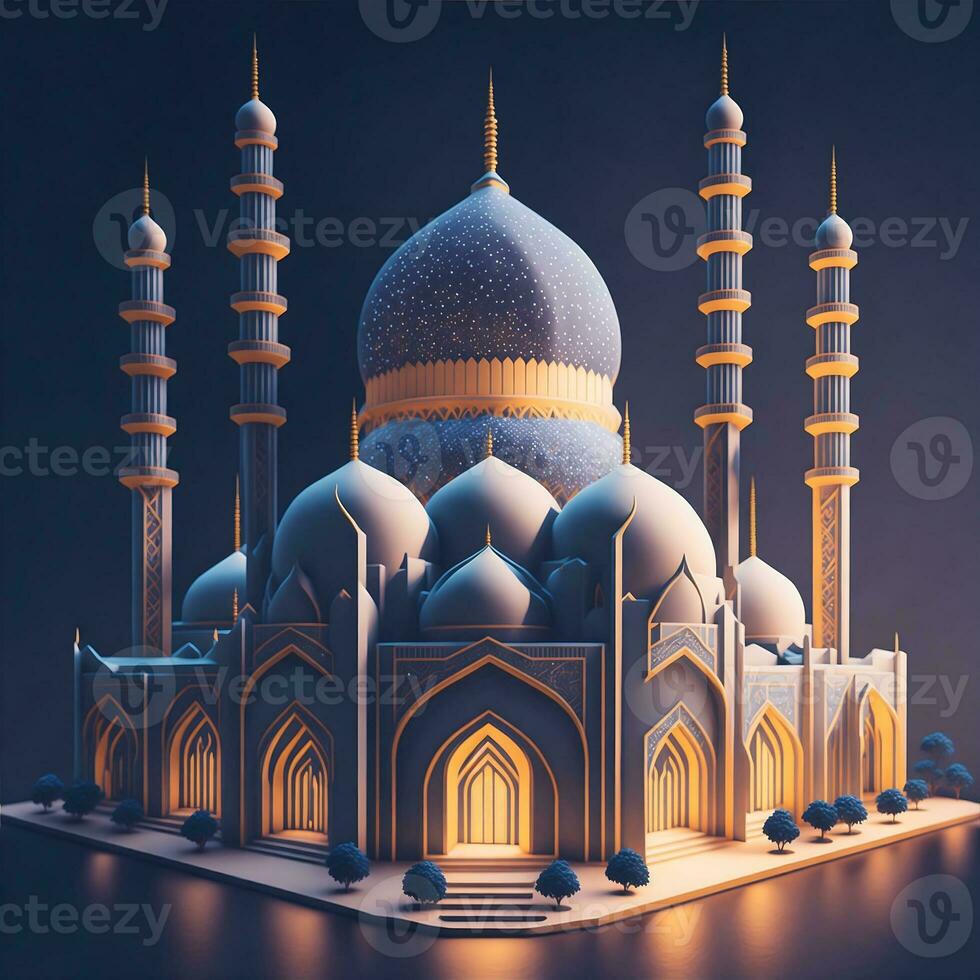 mosque building realistic design isolated with gradient color background. ramadhan kareem. islamic background, mawlid, iftar, isra miraj, eid al fitr adha, muharram decoration, Generative Ai photo