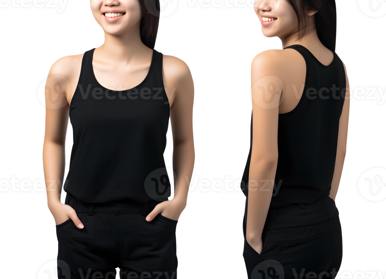 Young woman in black Tank top mockup front and back view, Cutout, AI Generative png