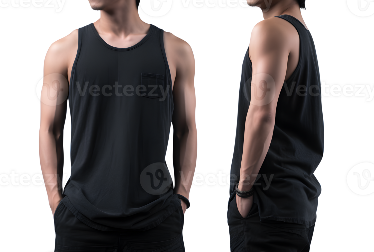 Young man in black Tank top mockup front and back view, Cutout, AI Generative png