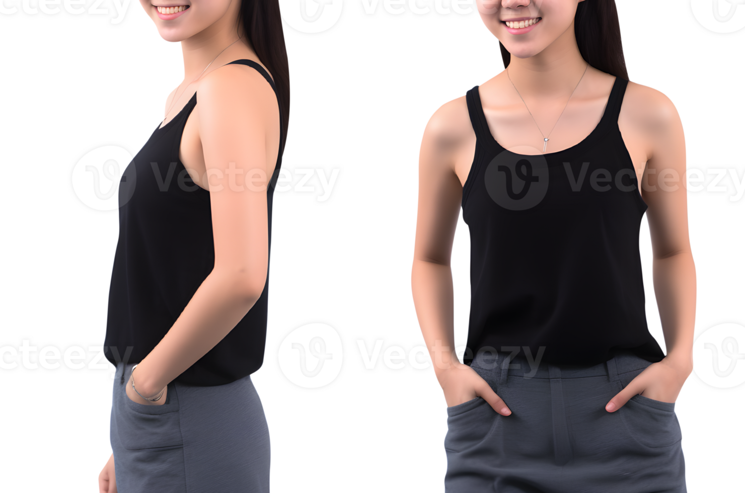 Young woman in black Tank top mockup front and back view, Cutout, AI Generative png