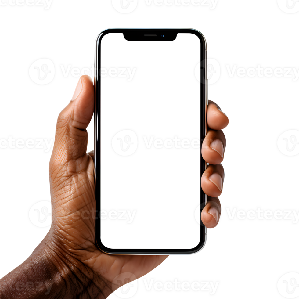 Old man hand holding the smartphone with blank screen mockup, Cutout, AI Generative png