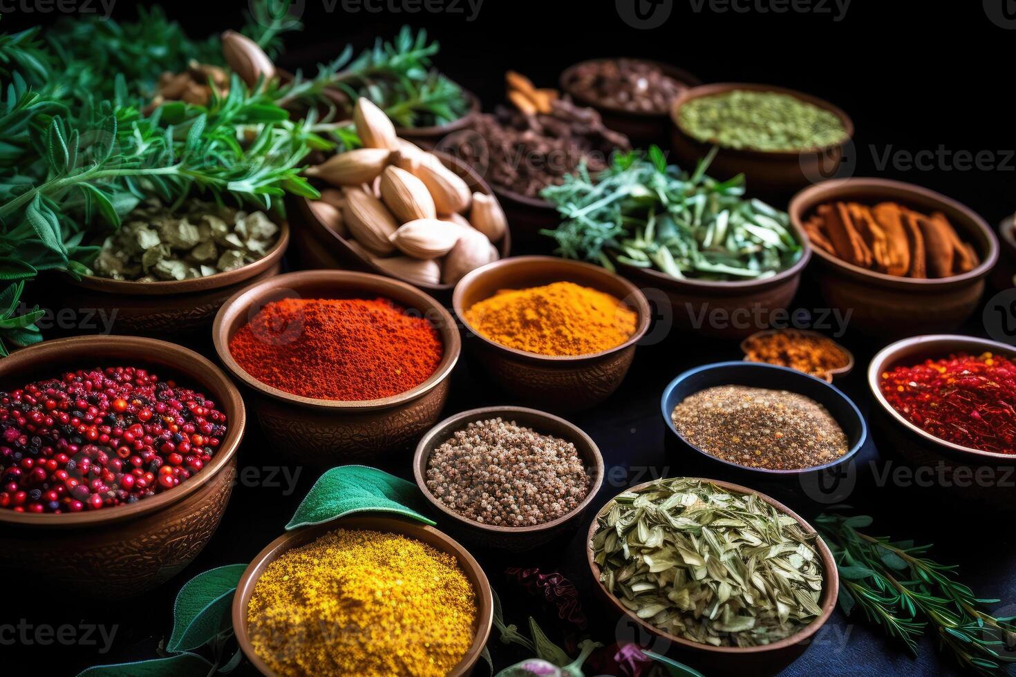 A Feast for the Eyes - Vibrant Herbs and Spices in a Stunning Still Life - AI generated photo