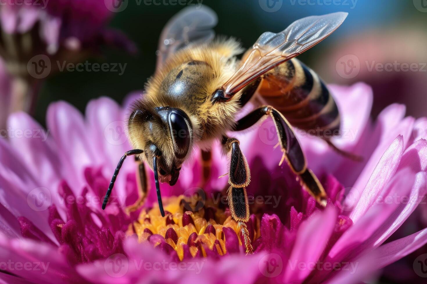 Honeybee Collecting Nectar from Flower - Close-up Nature Photo with Serene Beauty and Pollination -