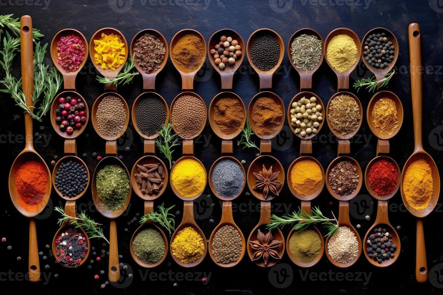 Vibrant Spices and Herbs in Wooden Spoons on Black Background - Still Life Food Photography with Appetizing Colors and Textures - photo