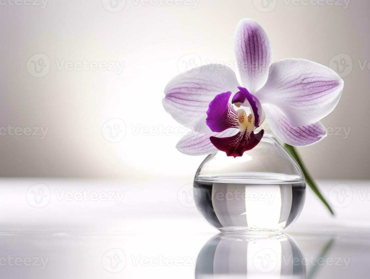 Minimalist Orchid Still Life on White Background with Dreamy Blur - AI generated photo