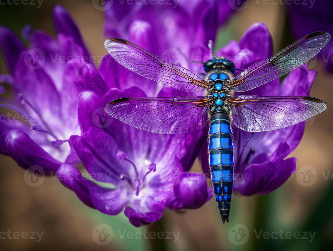 Dragonfly on Purple Flower Macro Shot with Soft Background - photo